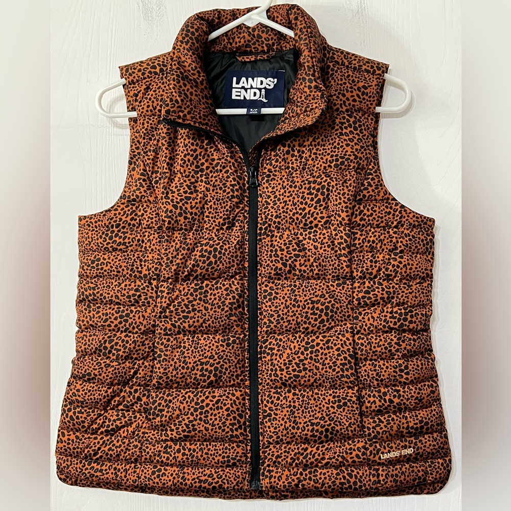 Lands End Down Puffer Vest Leopard Cheetah Print Petite